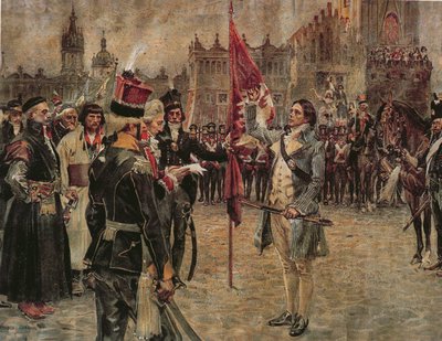 Tadeusz Kosciuszko arriveert in Krakau op 24 maart 1794 om het Poolse volk op te roepen om tegen de Russische invasie te vechten, 1911 door Wojciech Kossak